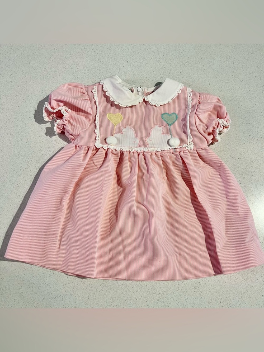 Vintage 1980s Pink Baby Dress w/ Peter Pan Collar and Bunny and Heart Appliqués